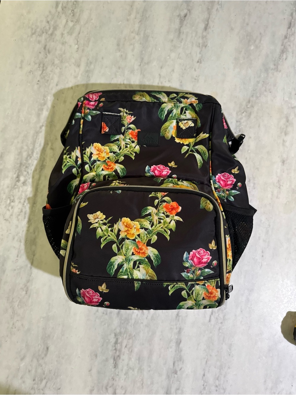 Matein Floral Print Black School Work Medium Size Backpack with Lunch Pocket